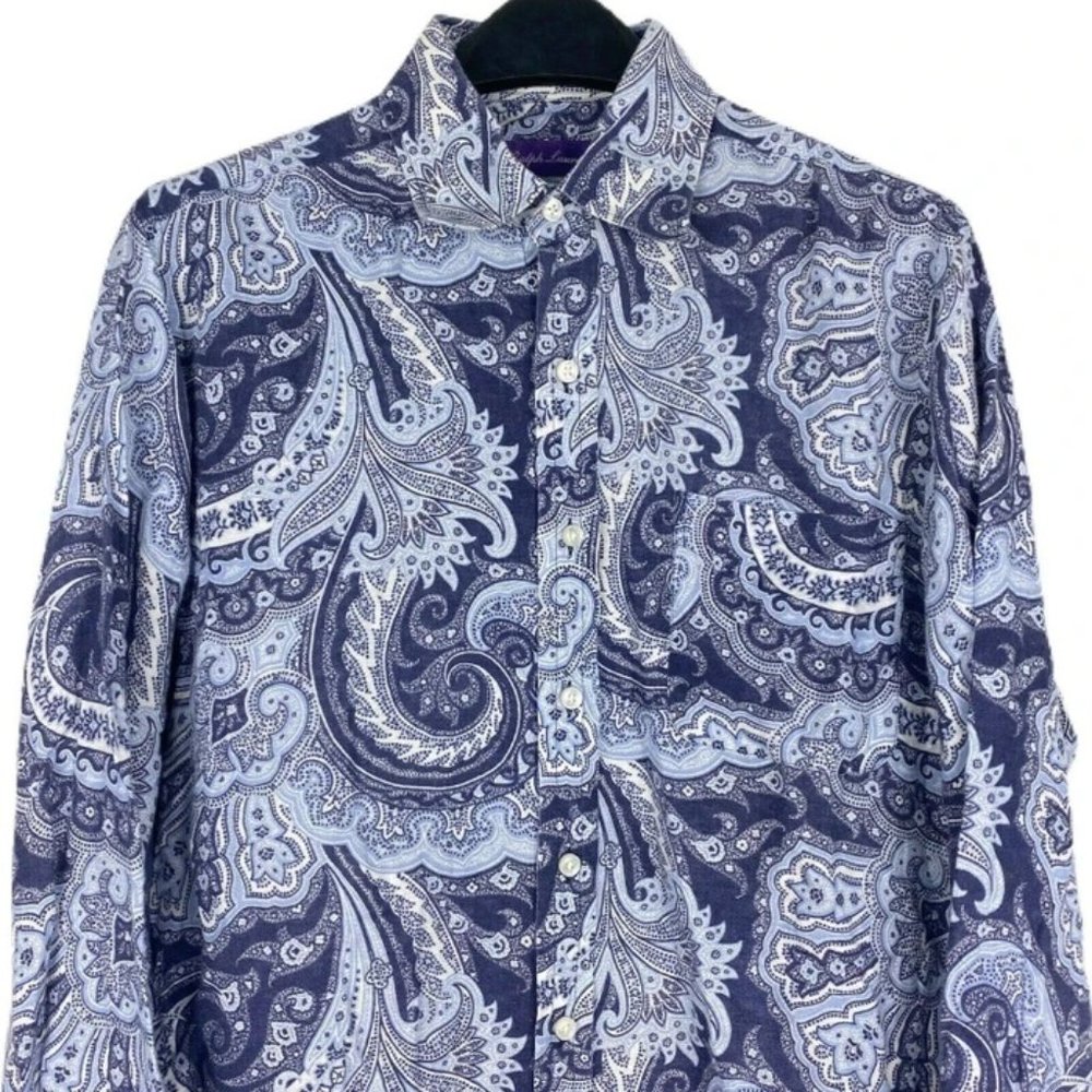 Ralph Lauren PURPLE LABEL Men's Medium LINEN Paisley Button Up Shirt Blue